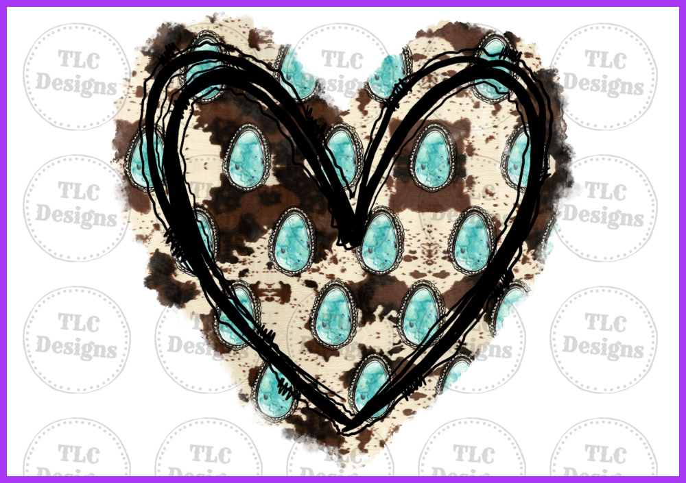 Cowhide Turquoise Heart Full Color Transfers