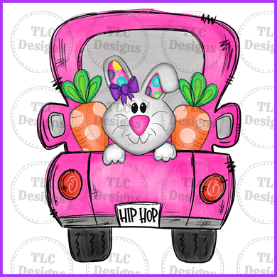Cute Bunny In Pink Truck- Can Add Name To Back Full Color Transfers