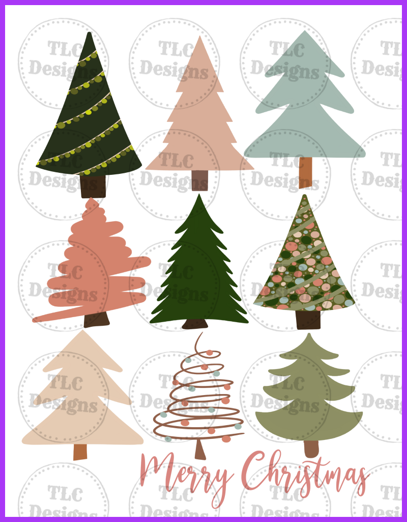 Different Trees Merry Christmas Full Color Transfers