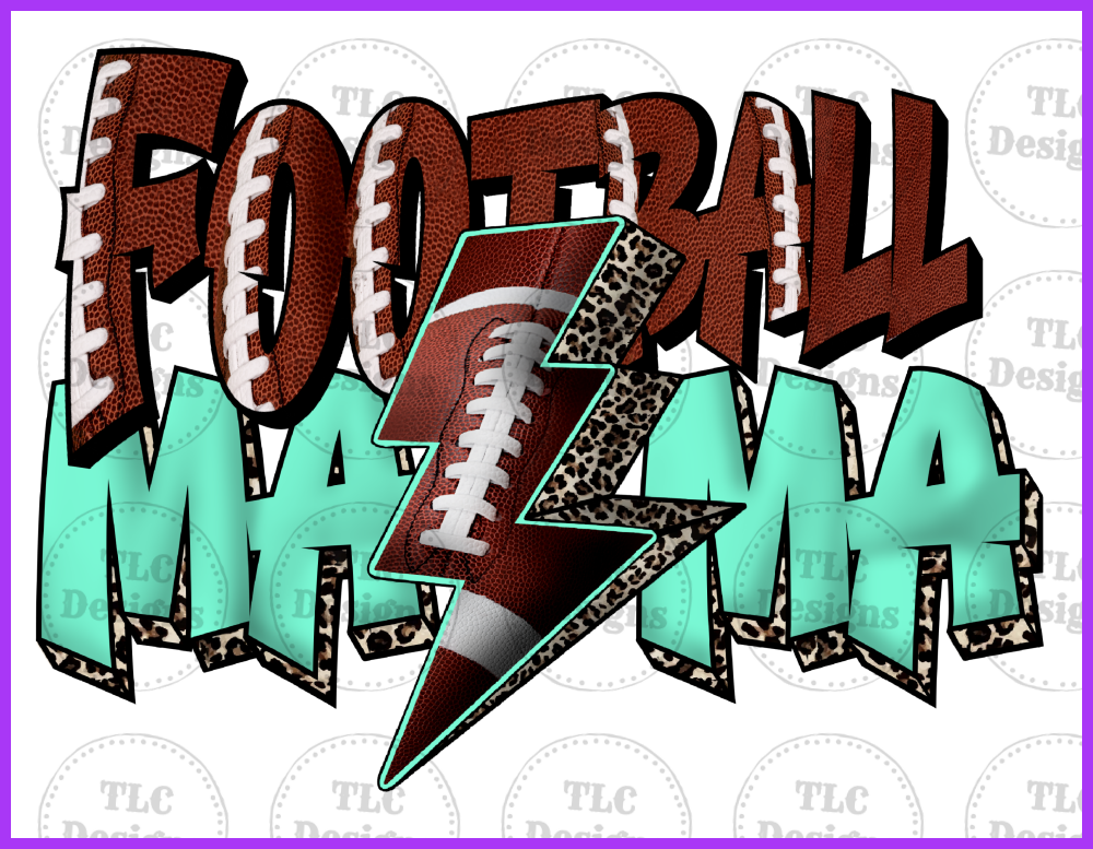 Football Mama With Teal Lightening Bolt Full Color Transfers
