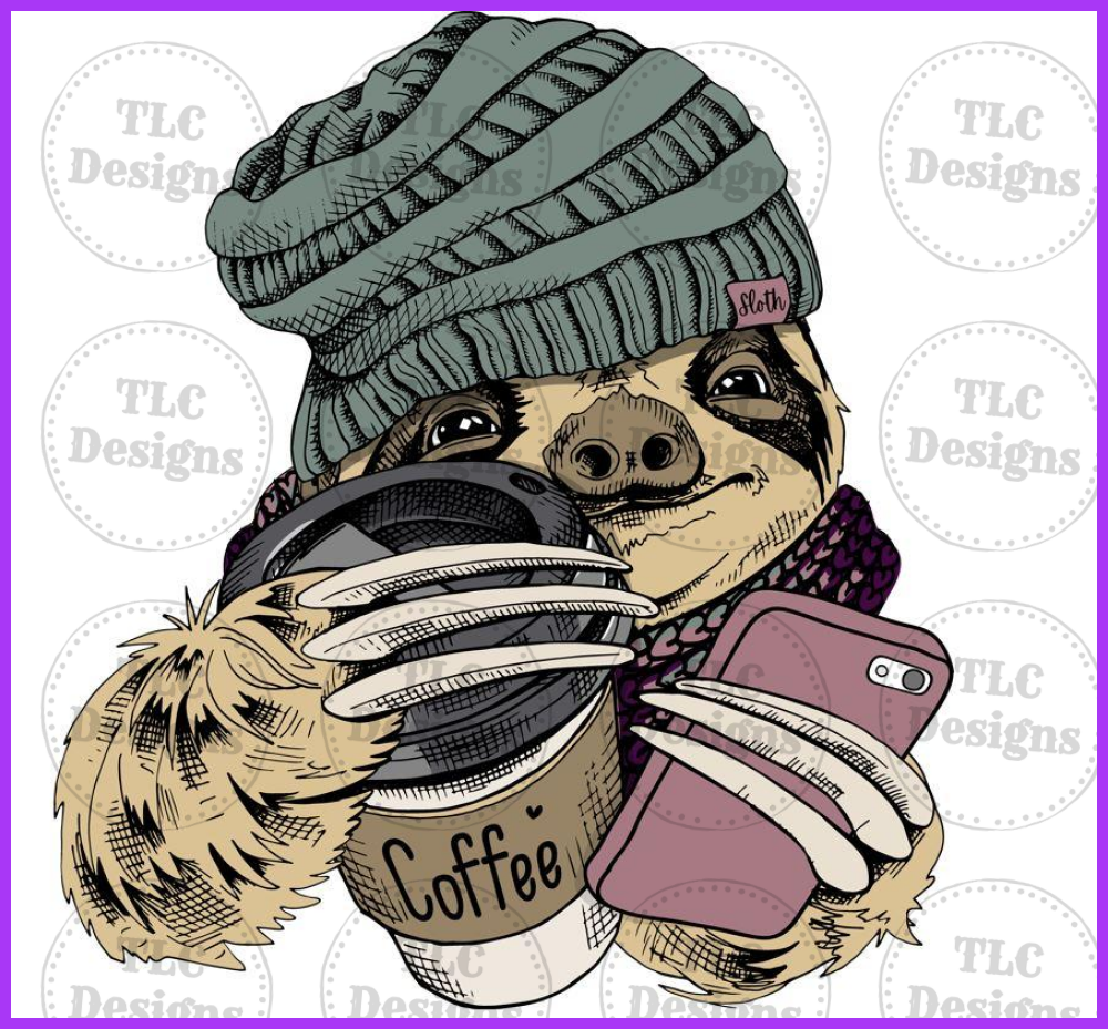 Hipster Sloth With Coffee Full Color Transfers
