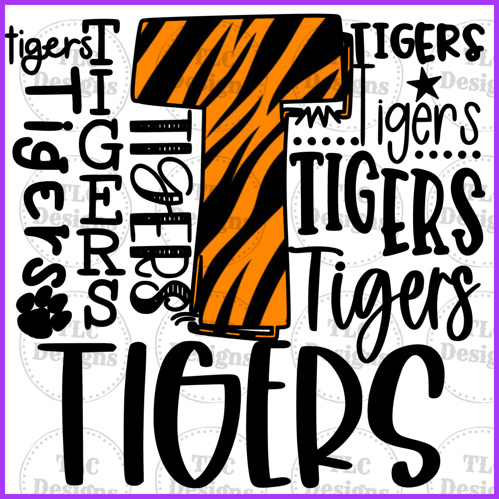 Mascot Typography- Tigers (With Orange Tiger Stripes) Full Color Transfers