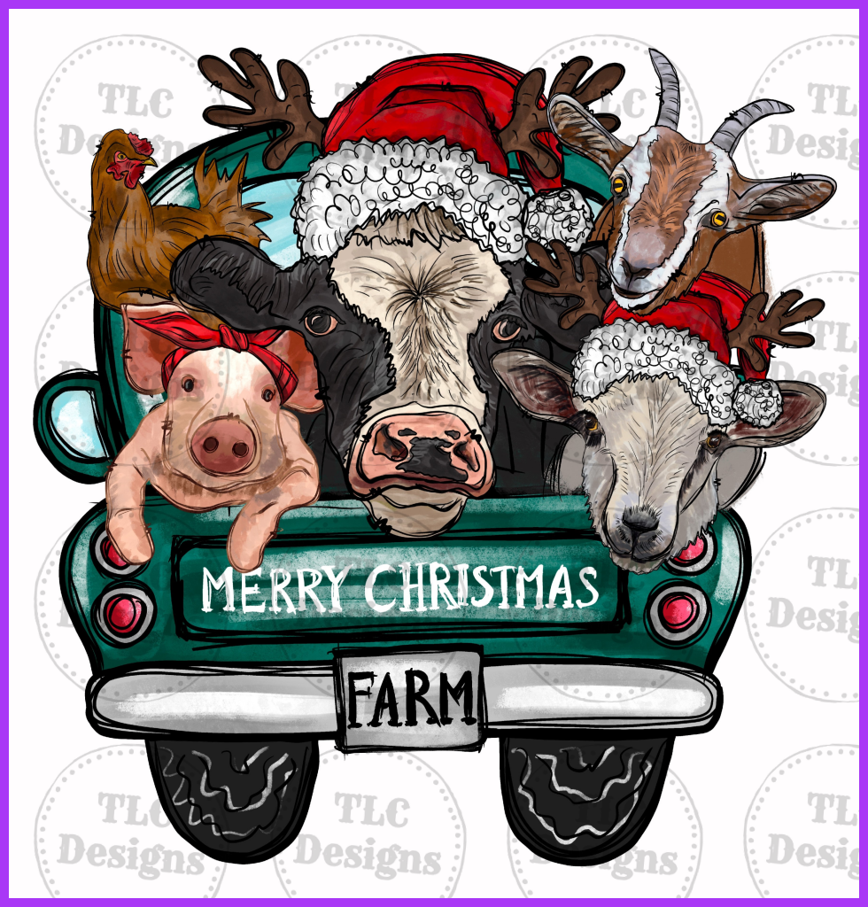 Merry Christmas Farm Animals In Truck Full Color Transfers