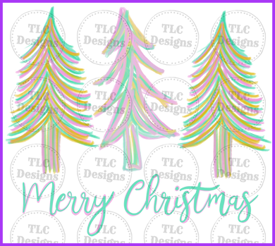 Merry Christmas Pastel Trees Full Color Transfers