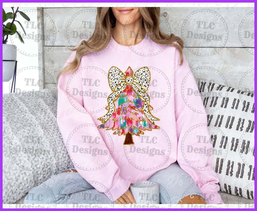 Pink Painted Christmas Tree With Bow Full Color Transfers